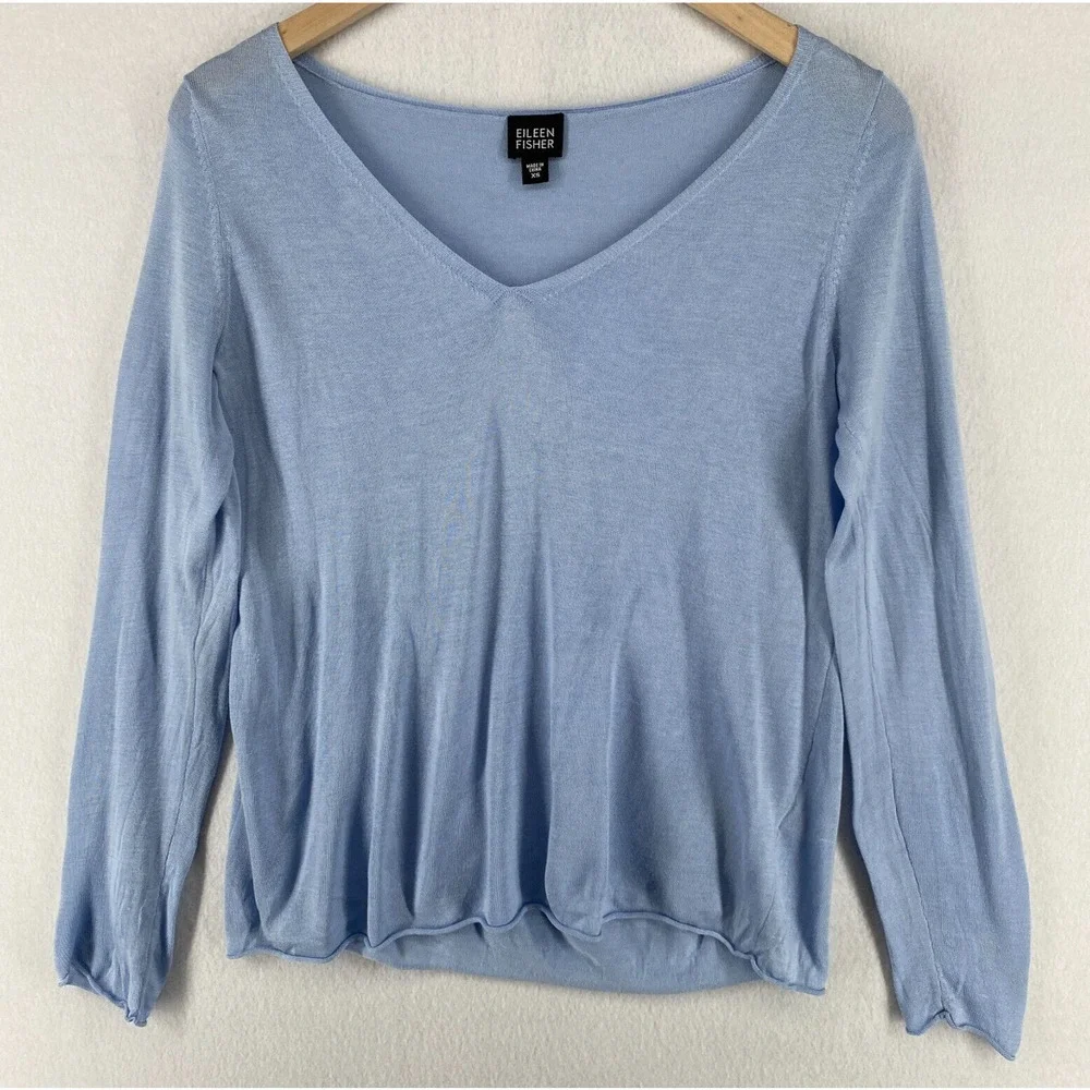 EILEEN FISHER Sweater XS Silk Cotton Top V-Neck Long Sleeve Pullover Blue